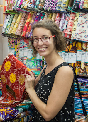 Hélène looking at fabrics in Ghana.